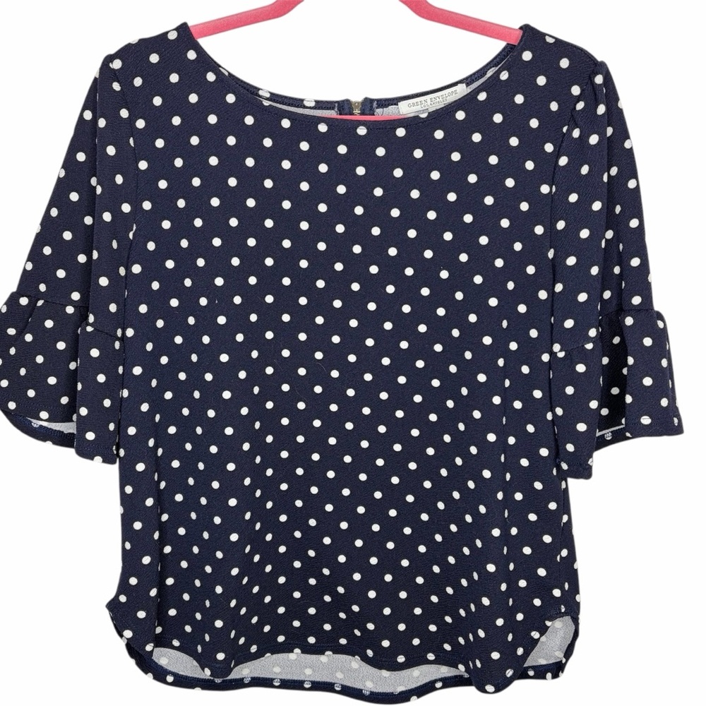 Green Envelope Navy/White Polka Dot Blouse L